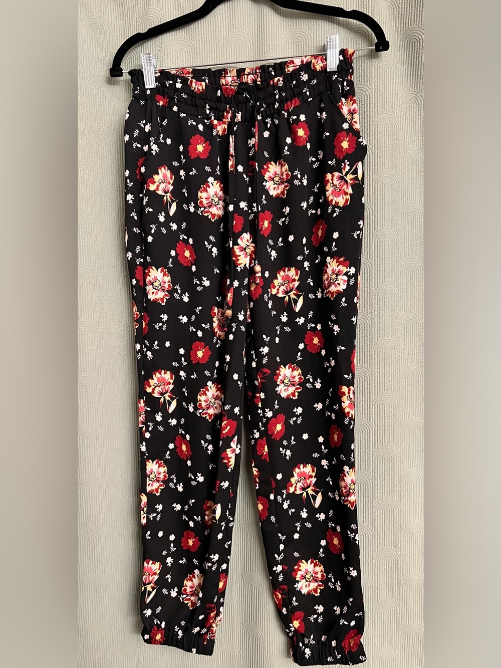 Rewind Black Floral Elastic Waist Joggers with Red and Cream Blooms